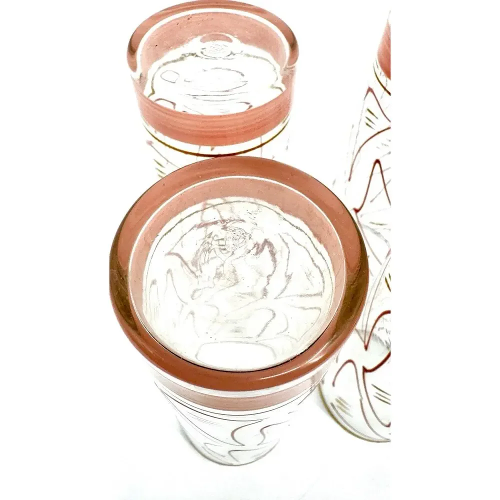 Vintage Zombie Glasses Pink Gold Geometric Shapes MCM Hazel Atlas Set of 4